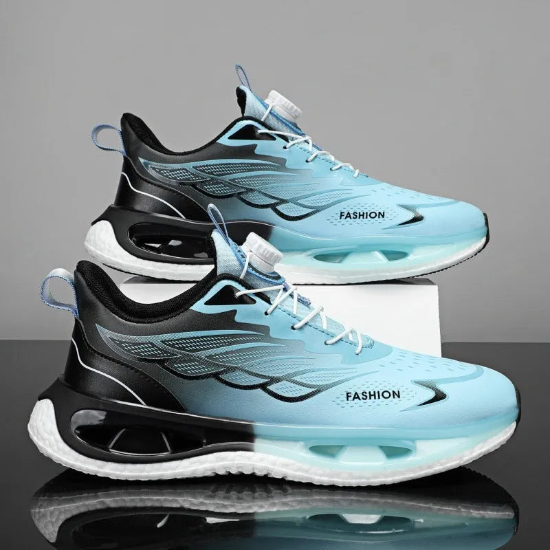 Youth low-top sneaker with shock absorption and rotating button in black, light blue, or white and blue colours