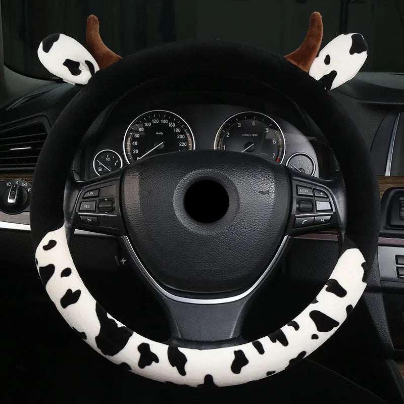 Plush car steering wheel cover with protective handle in black colour