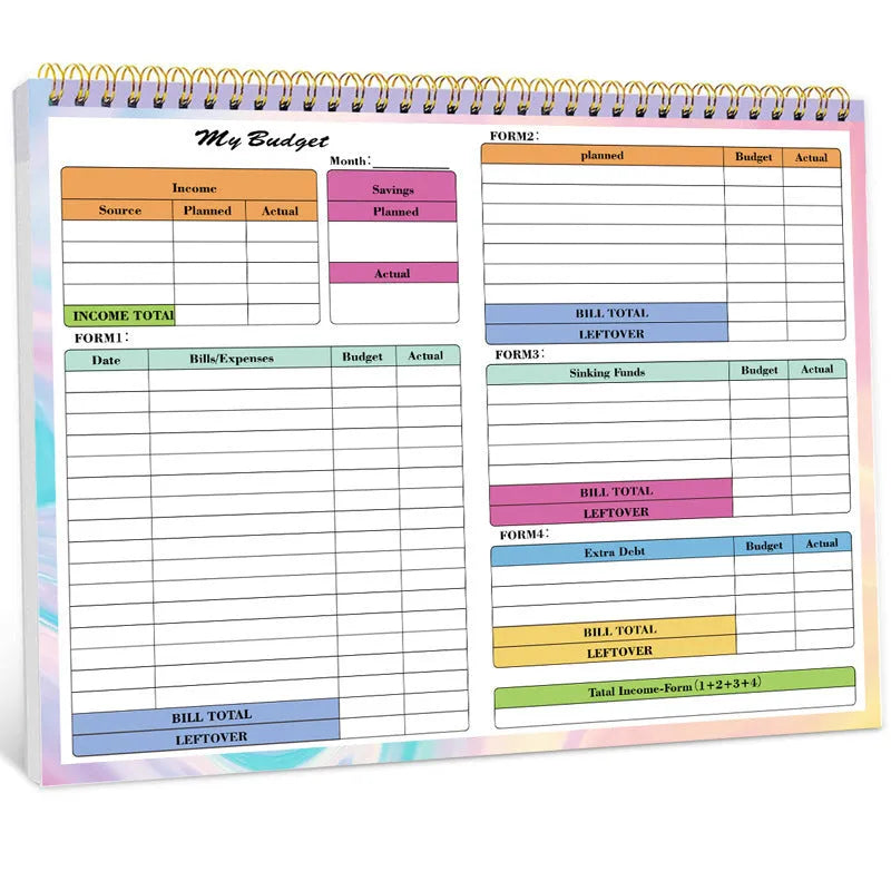 B5 spiral bound budget tally book with a PP cover, open on a table.