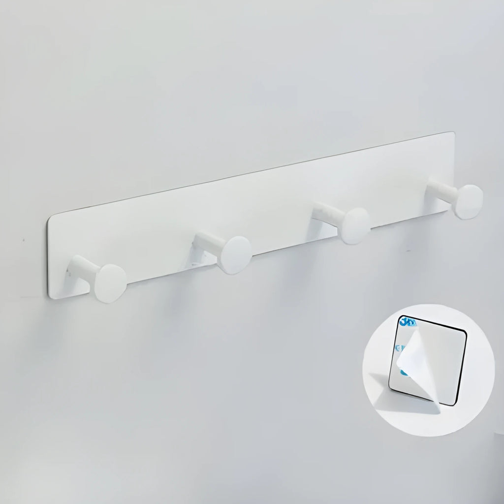Iron traceless wall hook with self-adhesive tape for shower doors, in black and white.