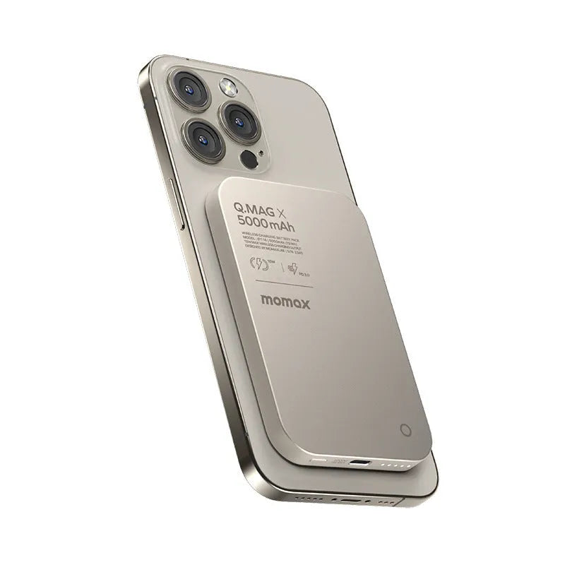Titanium and Black magnetic wireless alloy power bank with creative design.