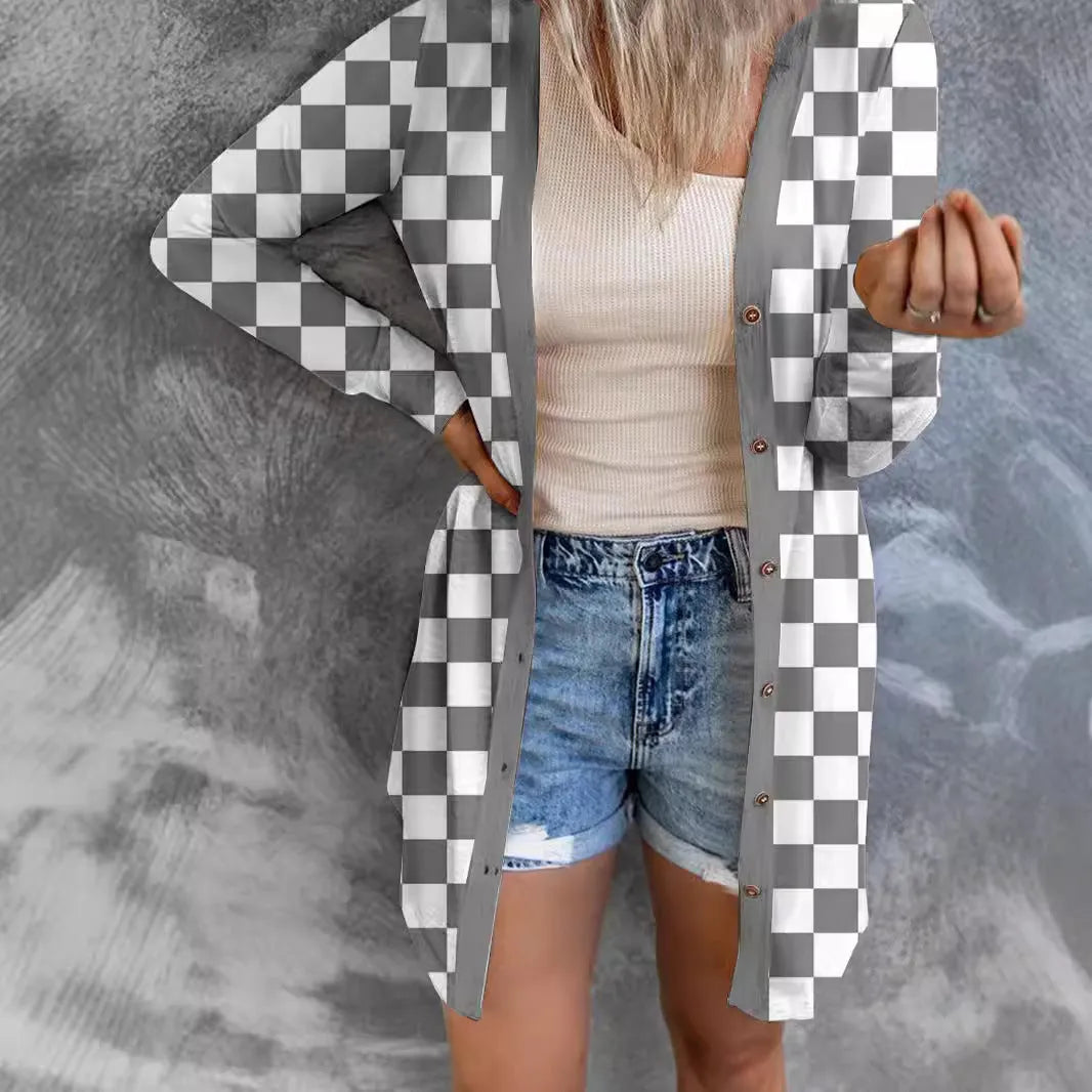 Women's long plaid knitted cardigan coat in polyester with contrast colour pattern