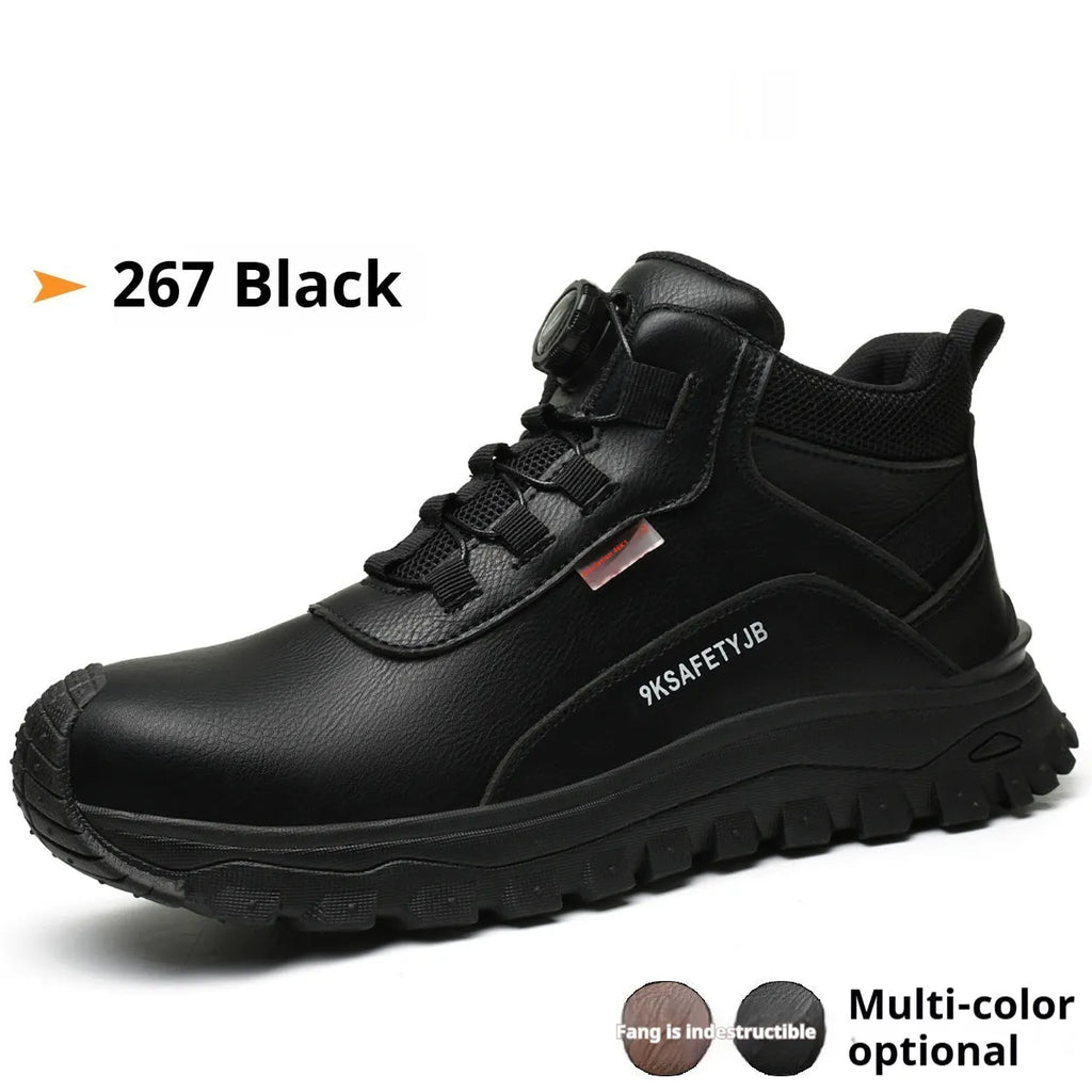 Leather safety work shoes with rubber sole in black colour showing workplace footwear design
