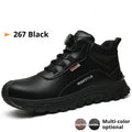 Leather safety work shoes with rubber sole in black colour showing workplace footwear design