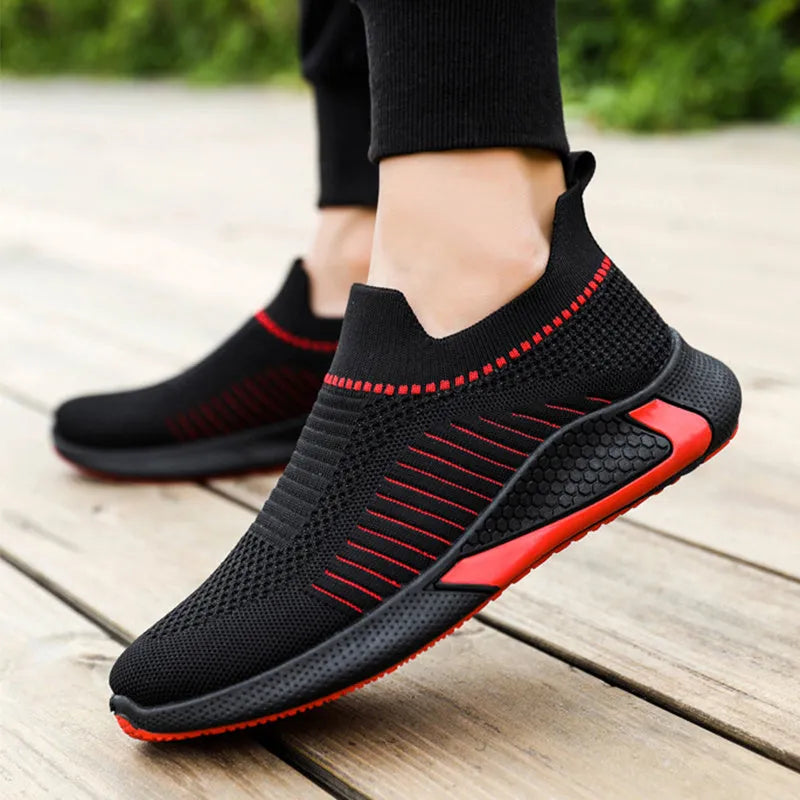 Men's striped mesh sock shoes with flyknit upper and lace-up front in three colour options