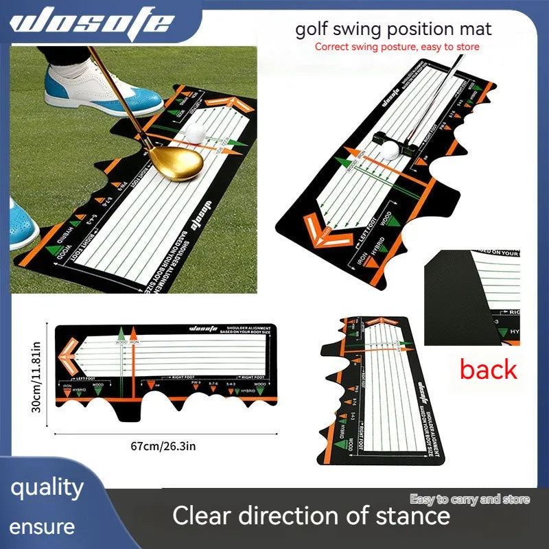 Black neoprene golf swing stance positioning pad measuring 22.5cm for training alignment