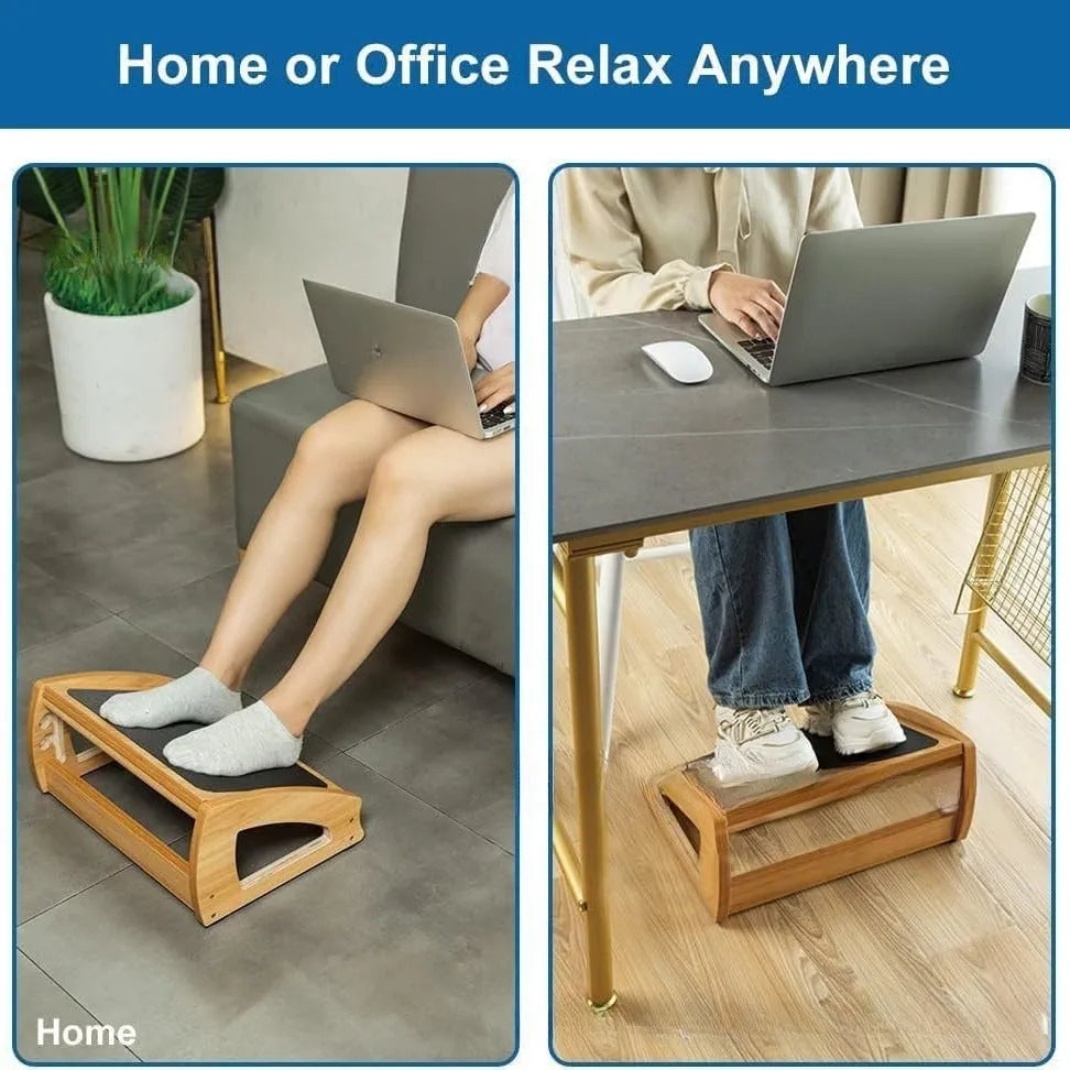 Wooden adjustable bamboo office desk footstool in natural wood colour with modern design