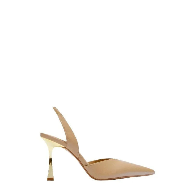 Women's patent leather pointed high heels in apricot colour with shallow open mouth design