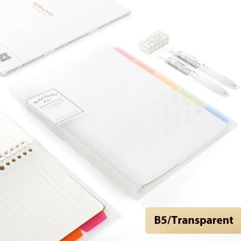 Refillable loose-leaf notebook in pastel blue with transparent PP cover and B5 size