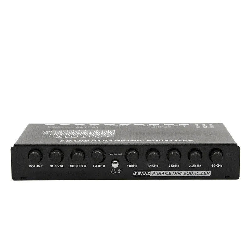 Car audio EQ frequency division amplifier with front panel controls for subwoofer adjustment