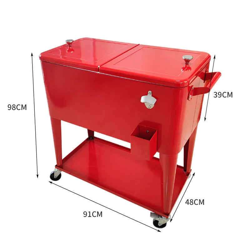 Red metal outdoor insulated trolley cooler box with a 750 capacity.