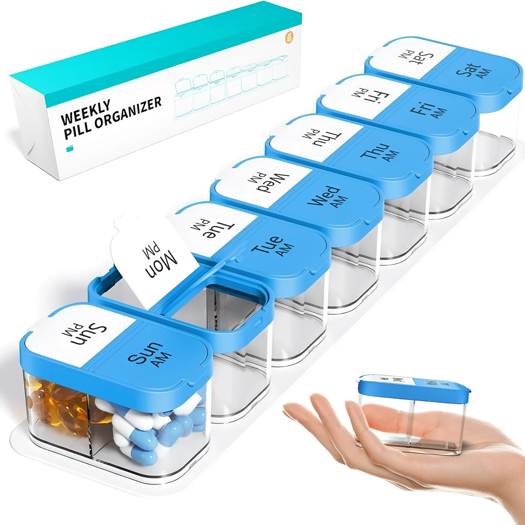 White and rainbow coloured Amazon extra large pill organiser with 14 removable compartments shown open.
