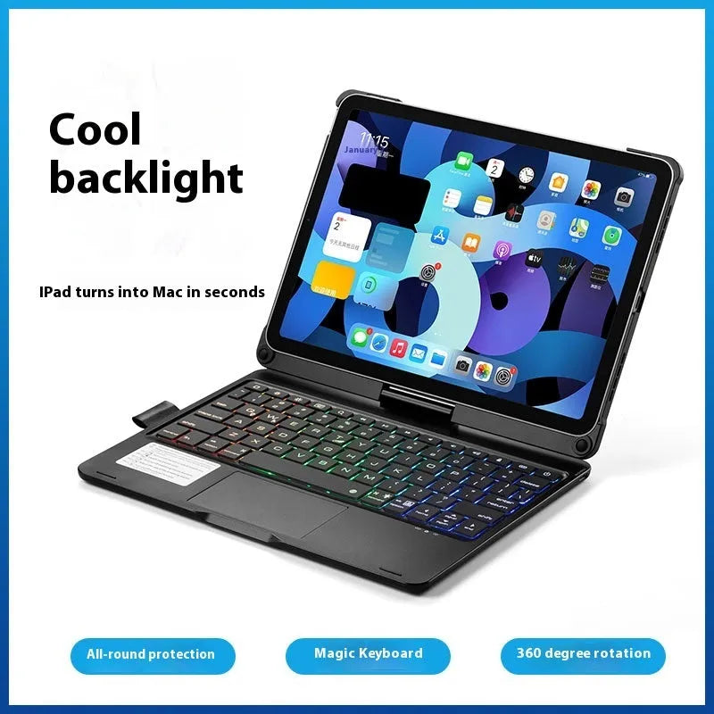 Miaocontrol rotating Bluetooth keyboard in silver holding an iPad at an angle