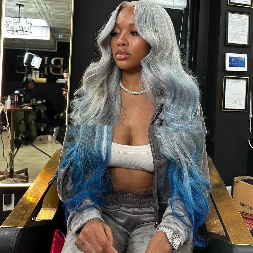 Grey blue gradient human hair lace front wig with 4x4 closure shown at 22 inch length
