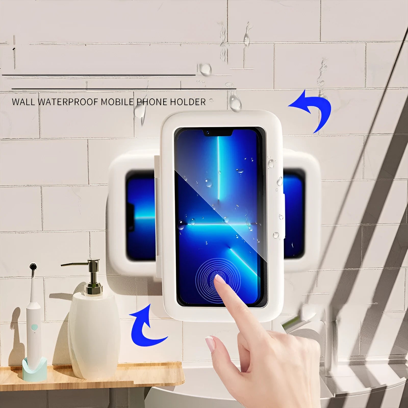 White waterproof phone holder mounted on shower tile with phone inside, showing touch screen.