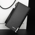 Men's black PU leather wallet with long zip closure showing waterproof construction