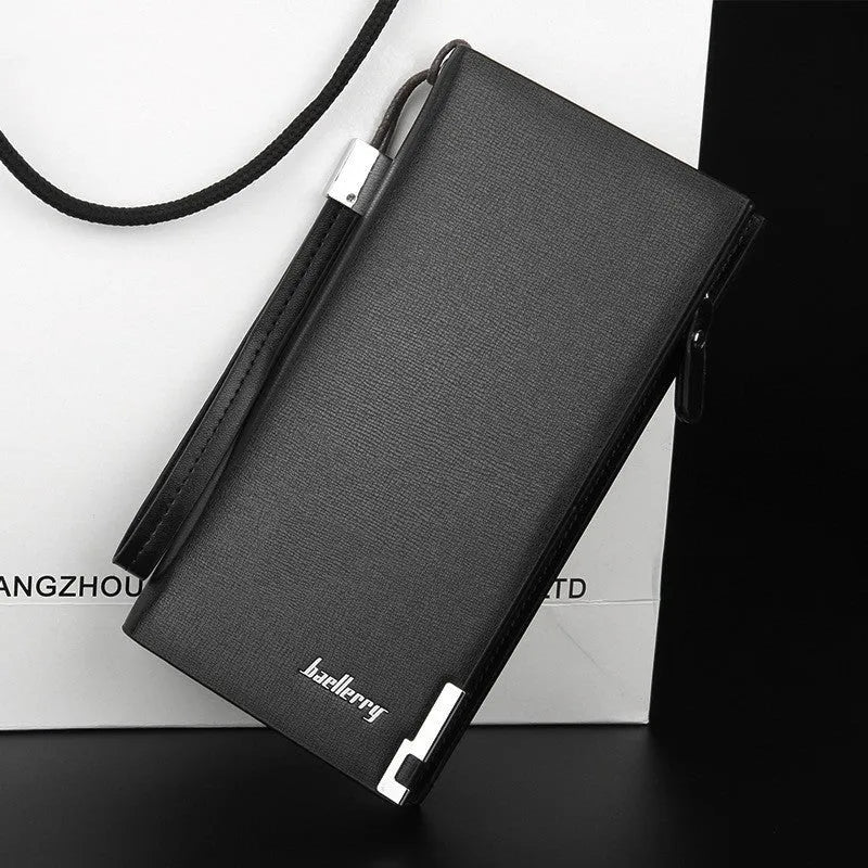 Men's black PU leather wallet with long zip closure showing waterproof construction