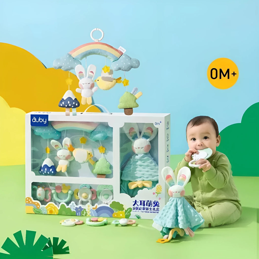 White plastic newborn soothing rattle teether with Obi big ears adorable rabbit design in gift box