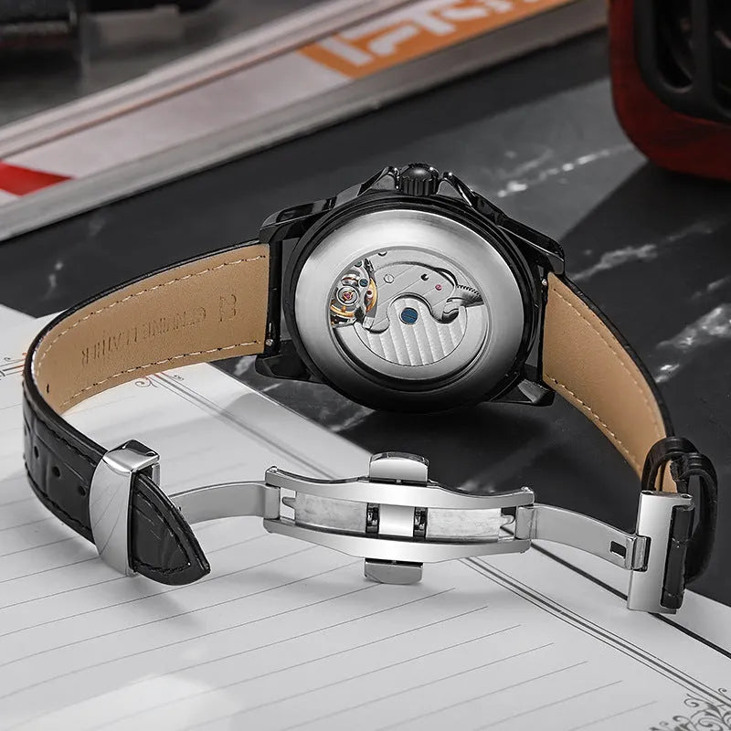 Men's automatic business watch with luminous hands, waterproof case, and choice of steel or leather bracelet