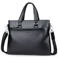 Black and brown PU leather men's messenger bag showing 35cm width and crossbody strap.