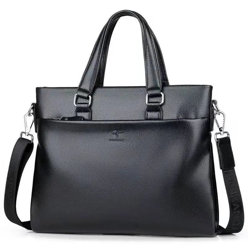 Black and brown PU leather men's messenger bag showing 35cm width and crossbody strap.