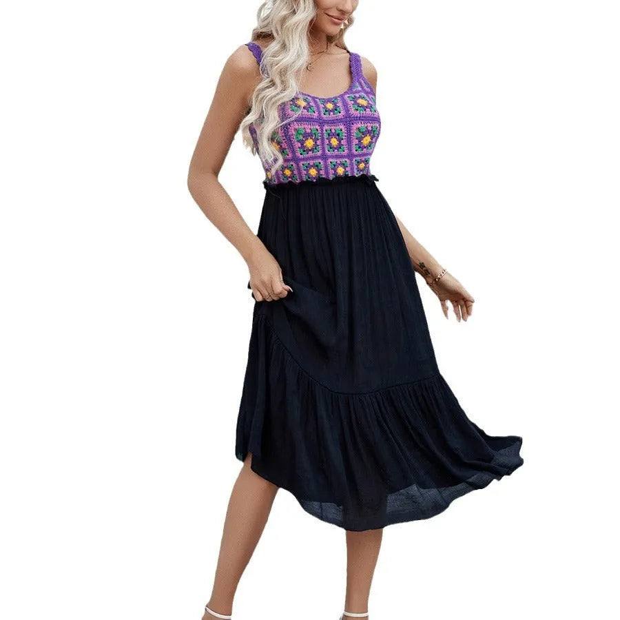 Purple women's sleeveless dress with hand-hooked white floral embroidery, shown with a separate acrylic skirt.