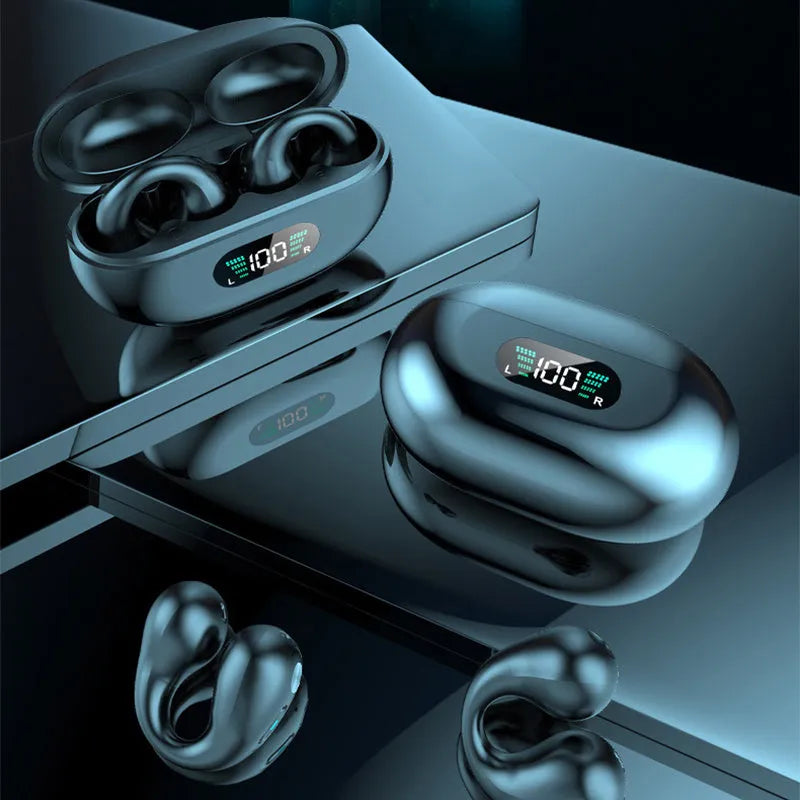 Black bone conduction Bluetooth headset clip shown on a colour box.
