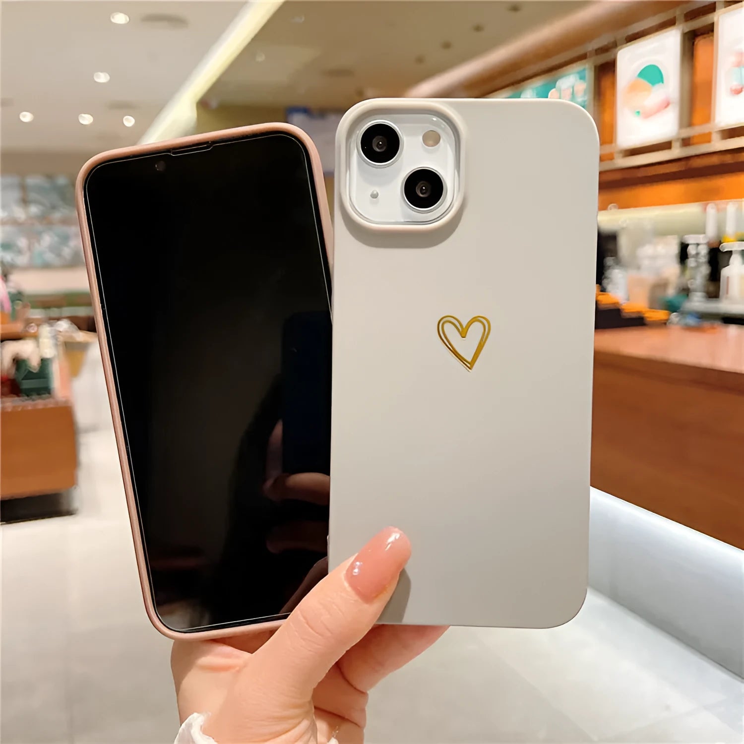 Hot stamping love silicone phone case in solid brown for iPhone, non-slip protective cover