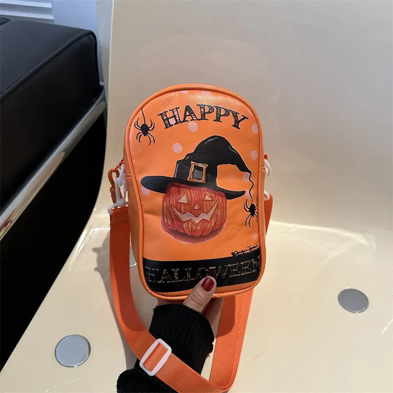Halloween graffiti crossbody bag with pumpkin ghost bat cartoon prints in medium 14x23x9.5cm size