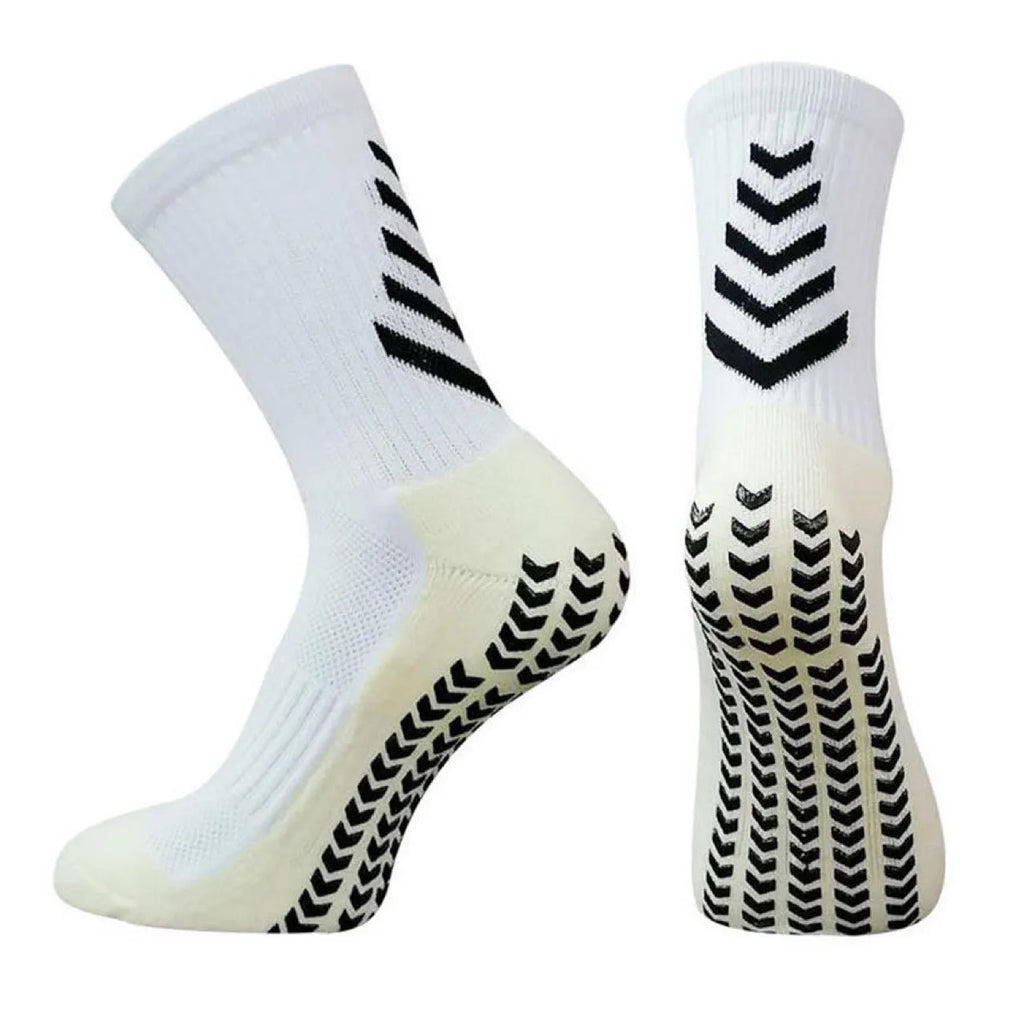 Men's athletic mid-calf socks with geometric pattern and silicone grip dots on sole.