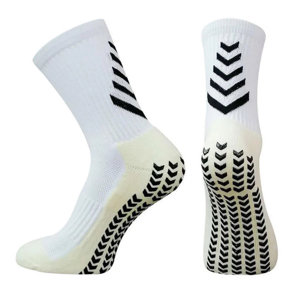 Men's athletic mid-calf socks with geometric pattern and silicone grip dots on sole.