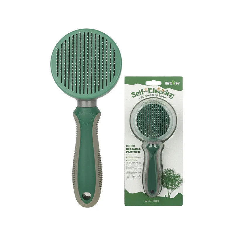 Automatic hair removal comb in green with stainless steel coarse needles, plastic and TPR body on white background