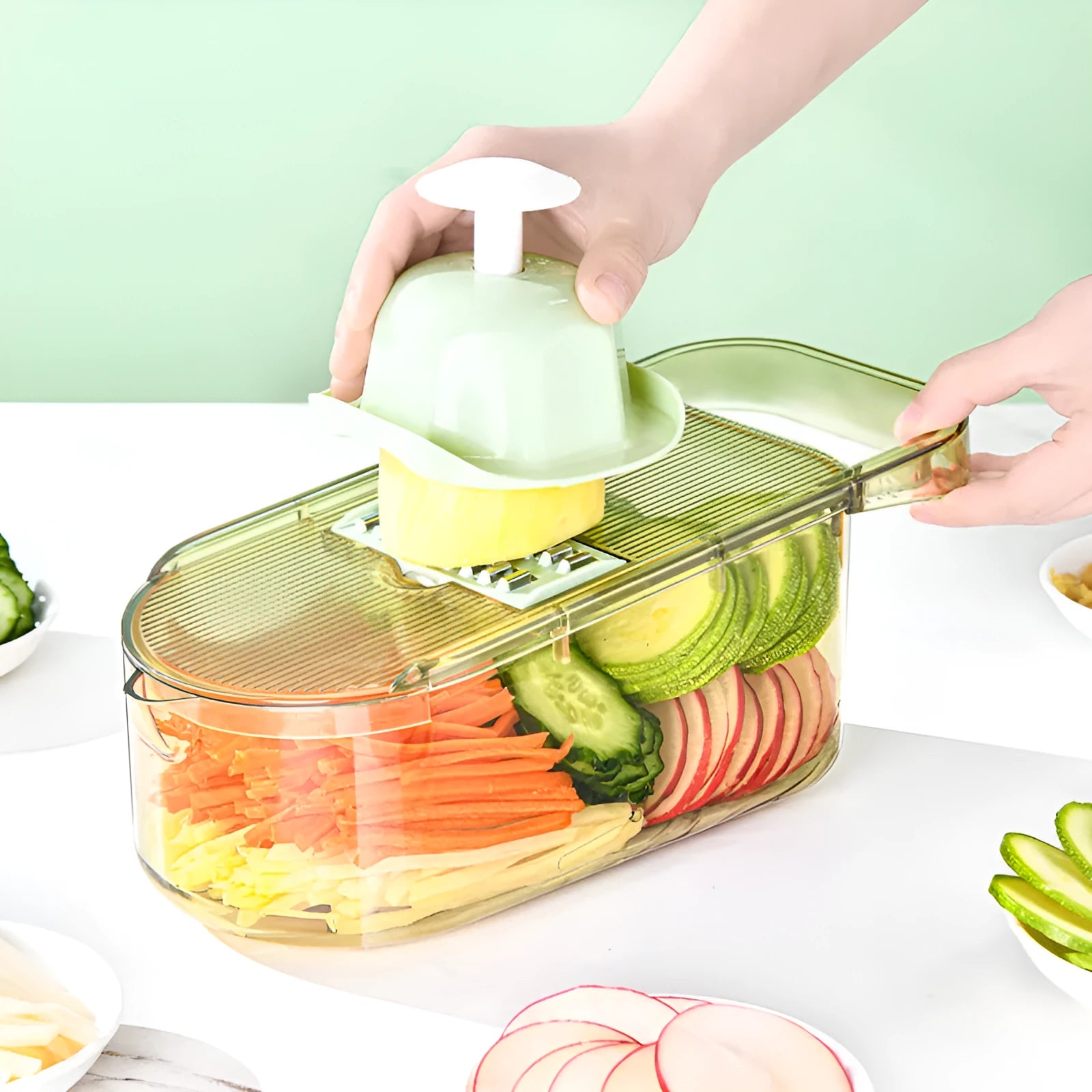 Transparent green single board vegetable chopper with stainless steel blades and drain basket
