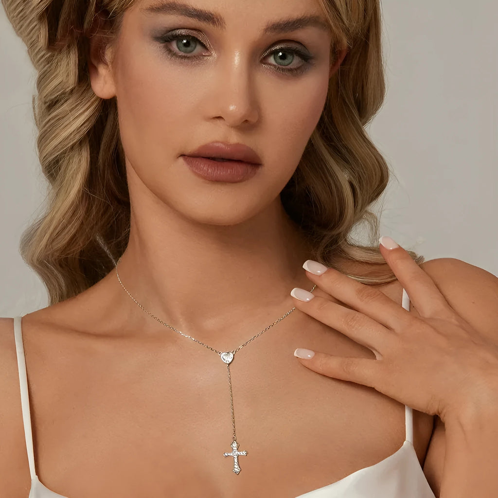 Sterling silver cross necklace with V-neck pendant on O-ring chain