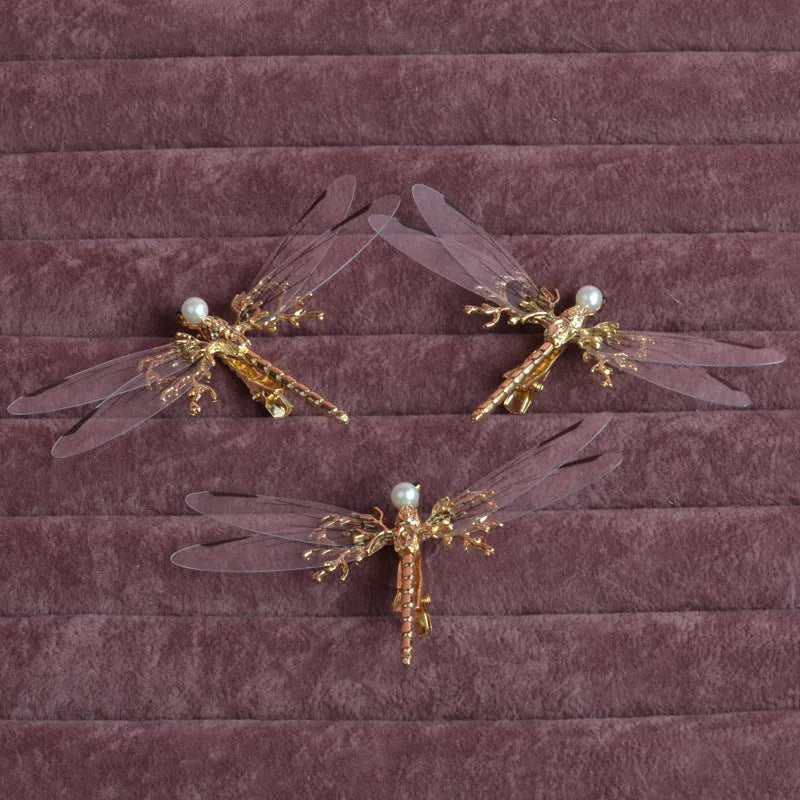 European golden dragonfly side clip headdress made of alloy with electroplated finish for women
