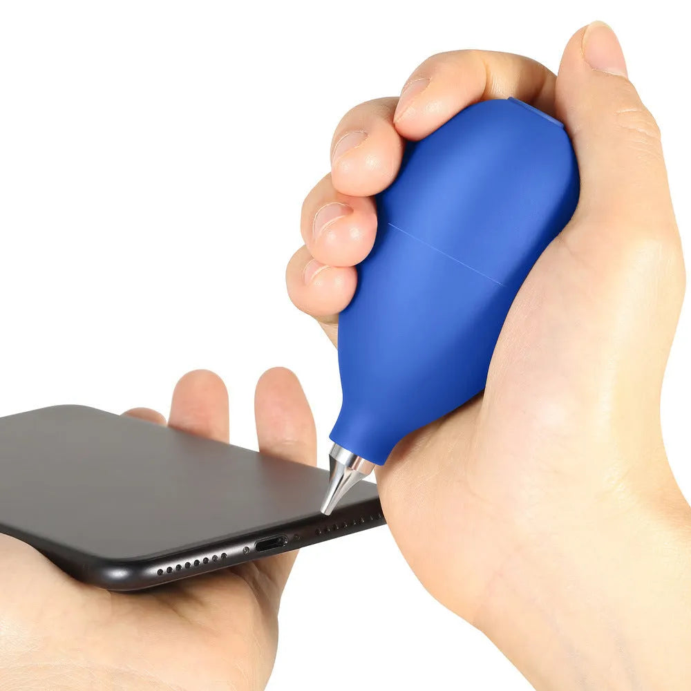 Blue and black rubber dust removal ball for cleaning cameras, phones, and clocks.