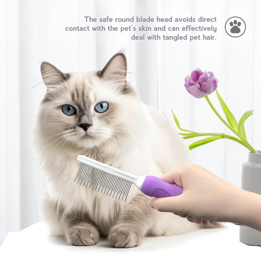 Purple pet grooming comb with stainless steel teeth and ergonomic handle for detangling dog and cat fur