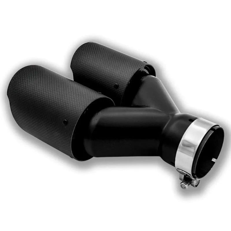 Black carbon fibre car exhaust pipe with twin tail nozzle and dual outlet.