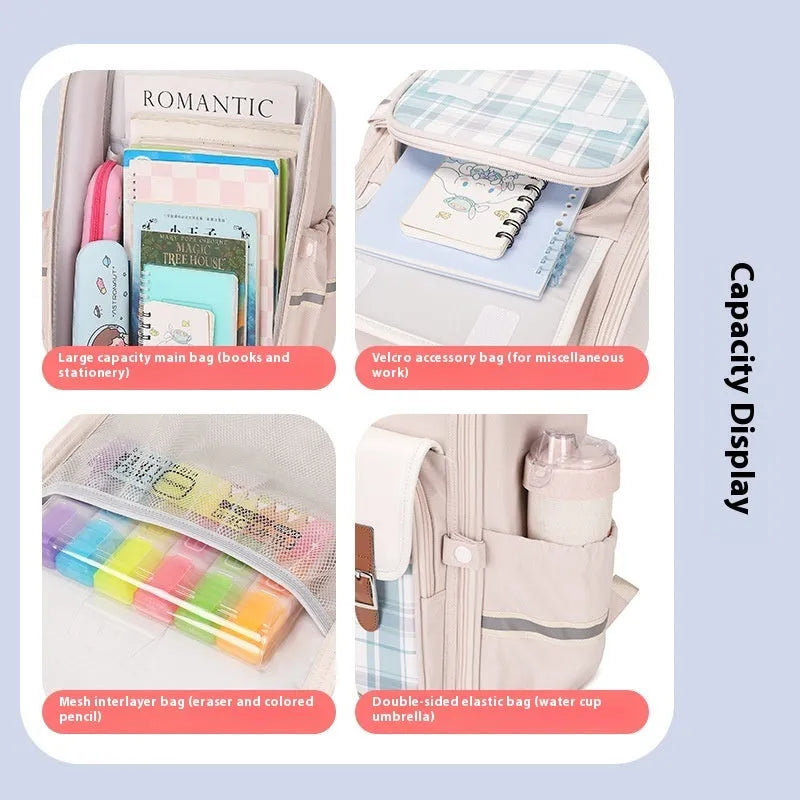 Oxford cloth student backpack in beige, large size, shown as a lightweight schoolbag for Grade 5-6.