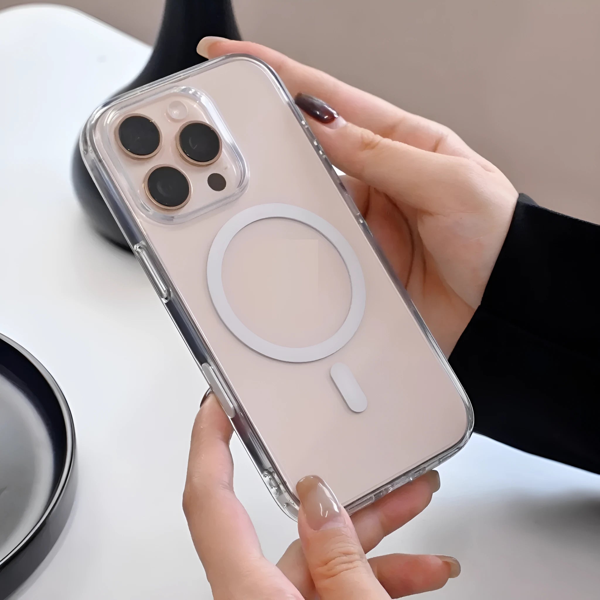 Transparent magnetic phone case with photo capacitor button for iPhone 16 series, back cover view