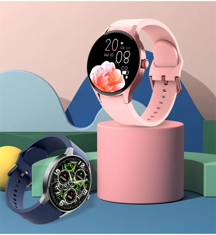 46mm smart sport watch with round colour touch screen shown in black, blue, pink, or red colours