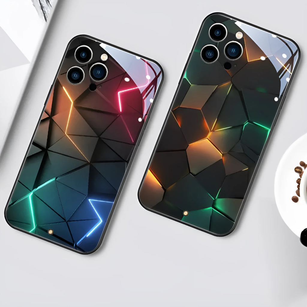 Clear tempered glass Xpress 14 iPhone case with illuminated lightning diamond pattern on a table