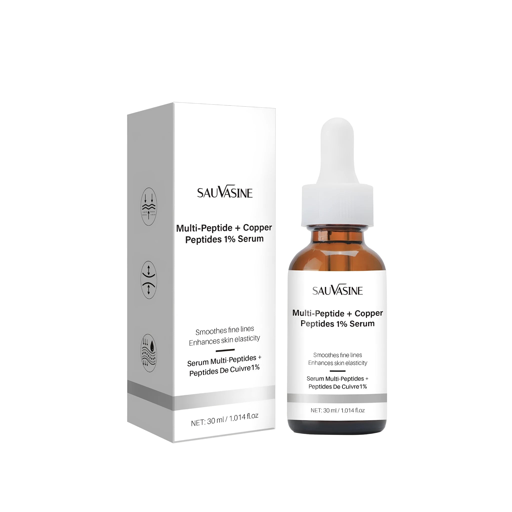 30ml bottle of SWX263 formula moisturising oil for wrinkle reduction, showing dimensions 34.5mm x 105mm.