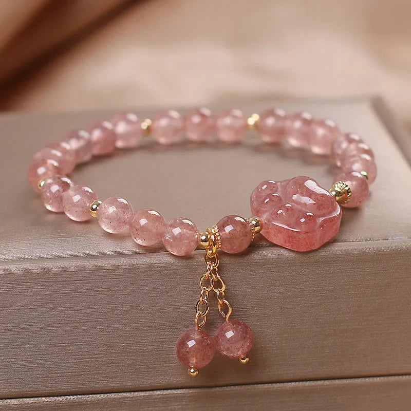 Strawberry quartz double layer bracelet with Lucky Cat charm in red cat's eye flowers colour