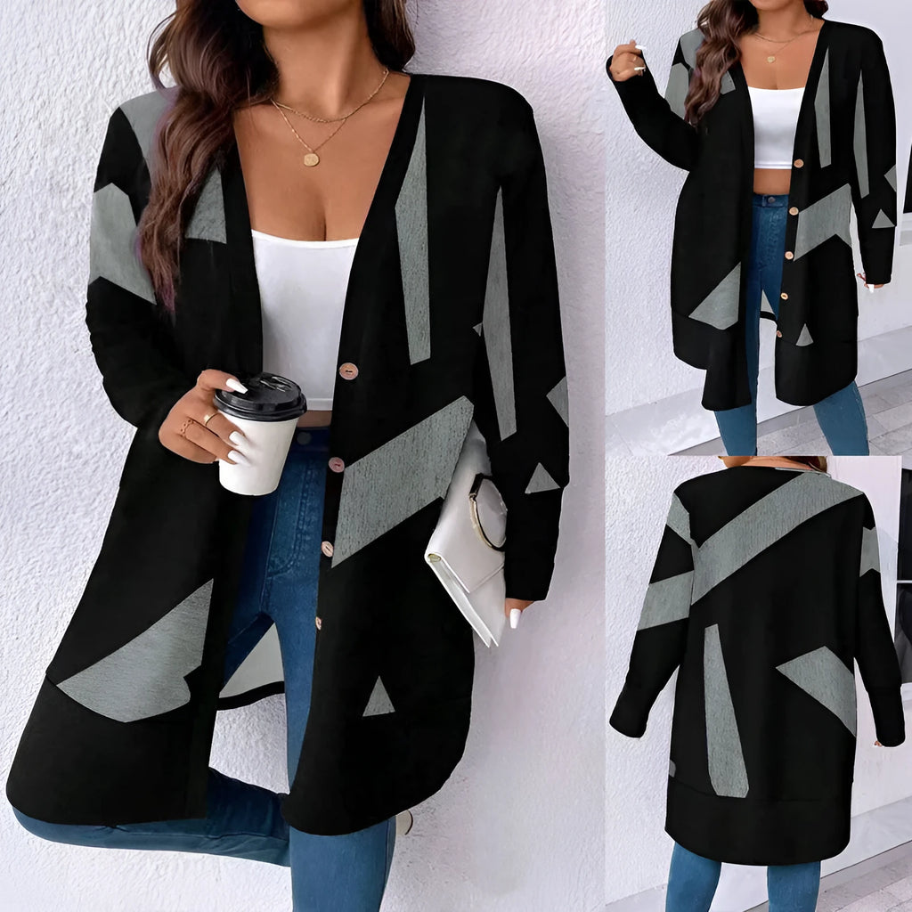 Black loose fit plus size knit cardigan with button detail on a hanger.
