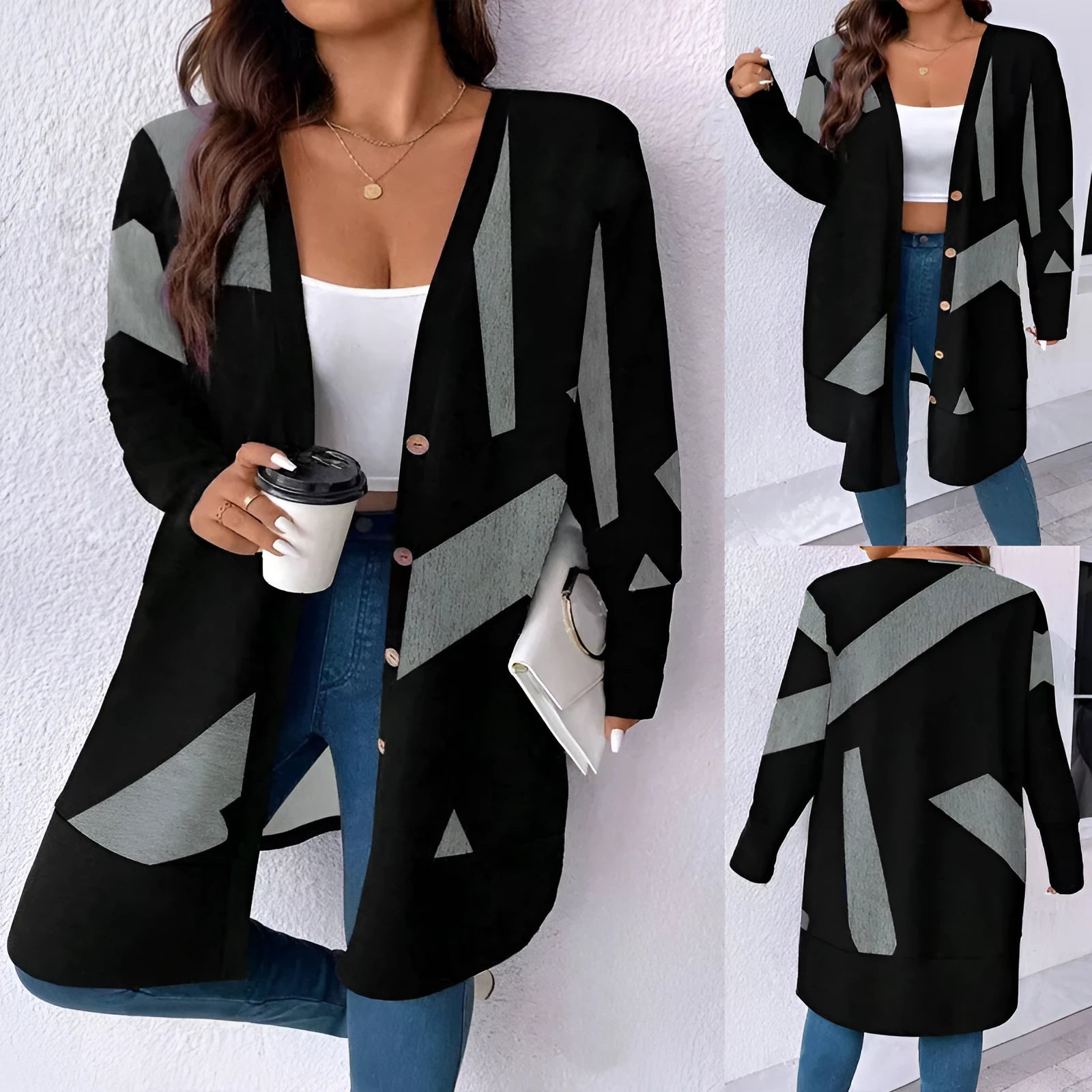 Black loose fit plus size knit cardigan with button detail on a hanger.