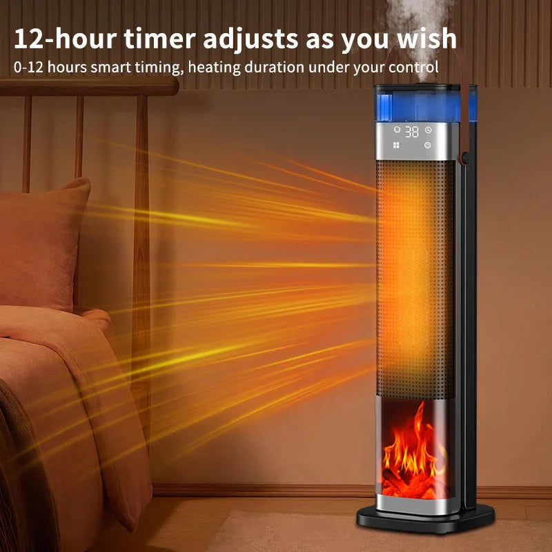 Tall, slim vertical heater in upgraded colour with remote control on a wooden floor.