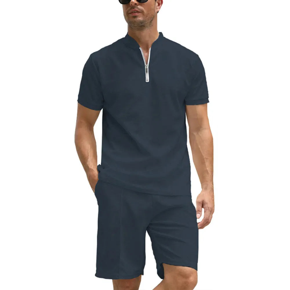 Men's solid colour polo shirt suit two-piece set with short sleeves in beaded bird's eye fabric