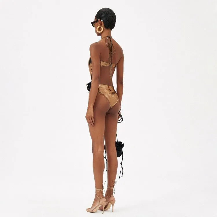 Gold handmade flower halter hollow out one piece swimsuit with tight fit