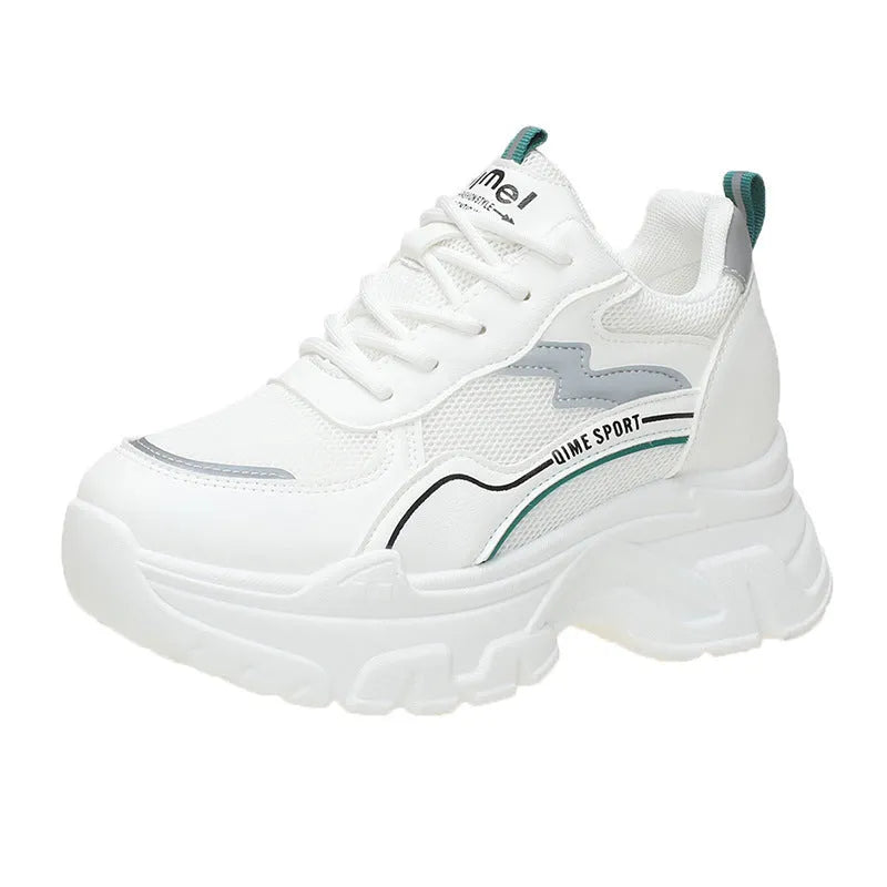Women's white breathable dad shoes with cross straps and a height-increasing insole, shown with laces.